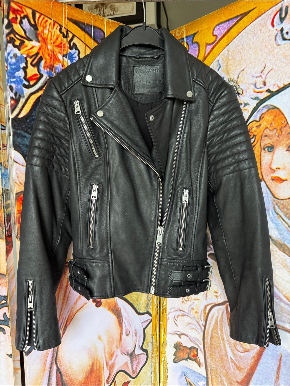 All Saints Papuan Black Leather Biker Jacket with Quilted Shoulders
